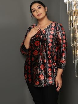 Amydus - Women Plus Size Floral Black Top