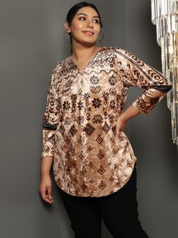 Amydus - Women Plus Size Beige Printed Top