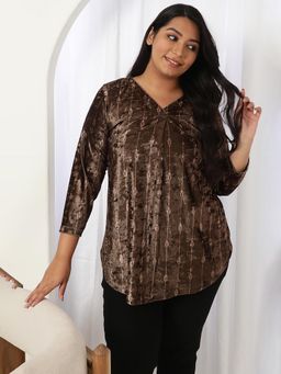 Amydus - Women Plus Size Brown Printed Top