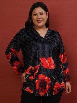 Amydus - Women Plus Size Black Floral Velvet Top