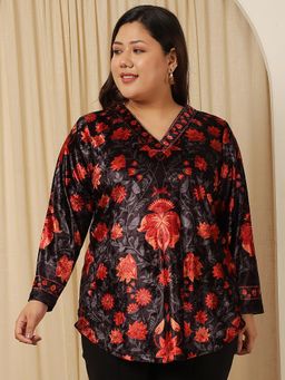 Amydus - Women Plus Size Black Floral Velvet Top