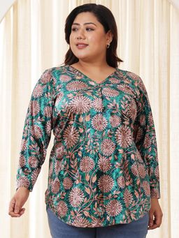 Amydus - Women Plus Size Green Floral Velvet Top