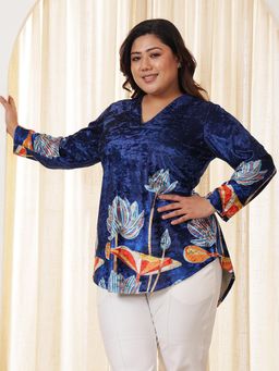 Amydus - Women Plus Size Blue Floral Velvet Top