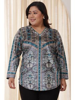 Amydus - Women Plus Size Grey Floral Velvet Top