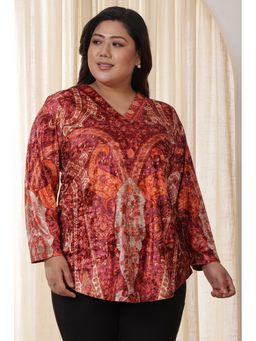 Amydus - Women Plus Size Orange Floral Velvet Top