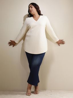 Amydus - Women Plus Size Ivory Textured V Neck Top