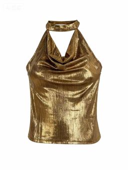 Outzidr - Women Gold Halter Neck Neck Detail Top