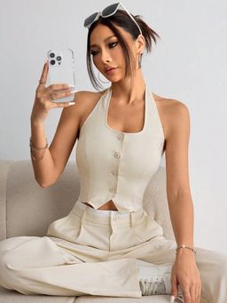 Outzidr - Women Off White Halter Neck Fitted Top