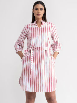 FableStreet - Linen Striped Shift Dress - Pink