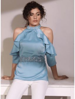 Label Deepika Nagpal - Arctic Blue Cold Shoulder Top with Embellished Belt