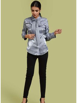 Label Deepika Nagpal - Midnight Grey Sequin Tie Knot Shirt