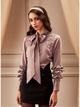 Label Deepika Nagpal - Walnut Frill Sleeve Embroidered Shoulders Shirt