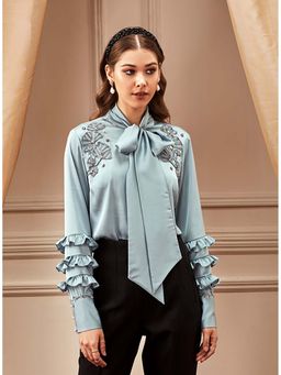 Label Deepika Nagpal - Maya Frill Sleeve Collar Knot Detail Shirt