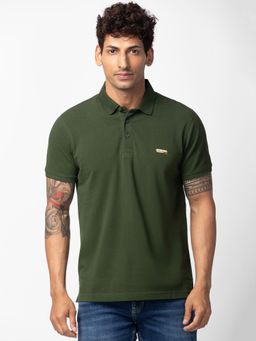 Spykar - Green Polo Collar Half Sleeves Cotton Blend T-Shirt For Men