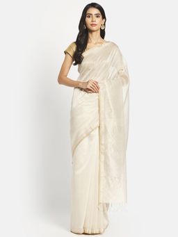 Fabindia - Off White Cotton Silk Maheshwari Woven Saree without Blouse