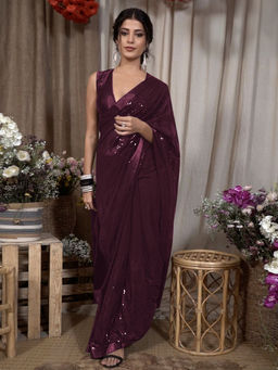 Odette - Wine Georgette Embellished Saree with Unstitched Blouse
