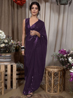 Odette - Purple Georgette Embellished Saree with Unstitched Blouse