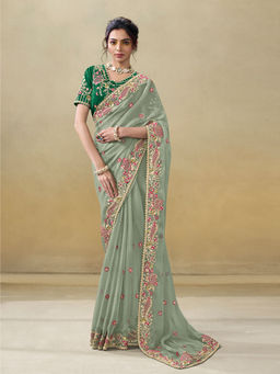 Odette - Light Green Silk Blend Embroidered Saree with Unstitched Blouse