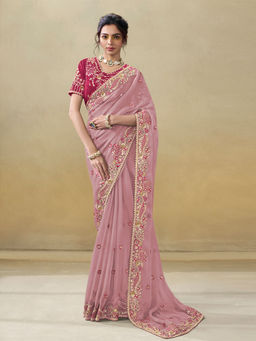 Odette - Pink Silk Blend Embroidered Saree with Unstitched Blouse