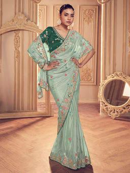 Odette - Light Green Georgette Embroidered Saree with Unstitched Blouse