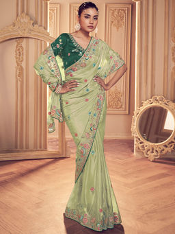 Odette - Lime Green Georgette Embroidered Saree with Unstitched Blouse