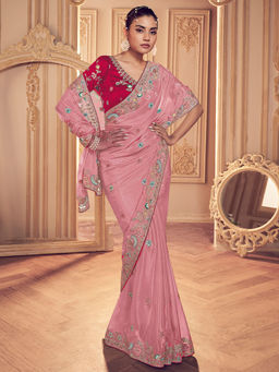 Odette - Pink Georgette Embroidered Saree with Unstitched Blouse