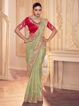 Odette - Green Georgette Embroidered Saree with Unstitched Blouse