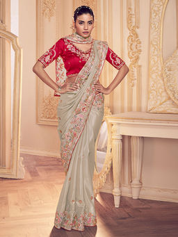 Odette - Beige Georgette Embroidered Saree with Unstitched Blouse