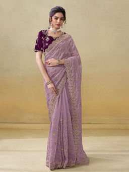 Odette - Purple Organza Embroidered Saree with Unstitched Blouse