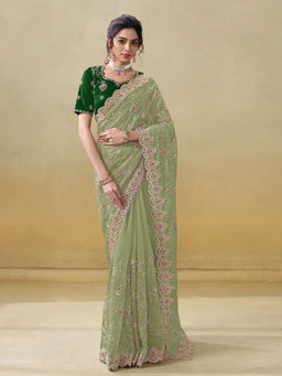 Odette - Light Green Organza Embroidered Saree with Unstitched Blouse