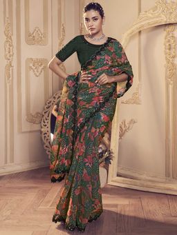 Odette - Green Embellished Saree with Unstitched Blouse