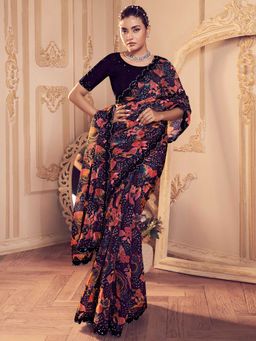 Odette - Wine Embellished Saree with Unstitched Blouse