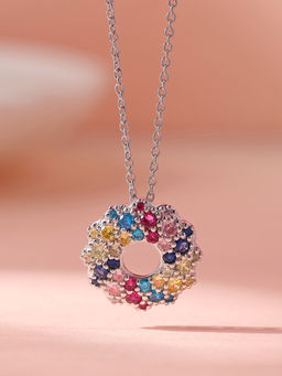 Ornate Jewels - Lollipop 925 Silver Round Multi Stone Donut Pendant with Chain for Women & Girls