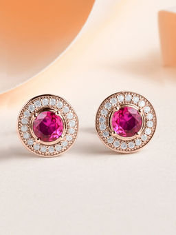 Ornate Jewels - 925 Silver 18K Rose Gold Red Ruby Halo Stud Earring for Women and Girls (Free Size)