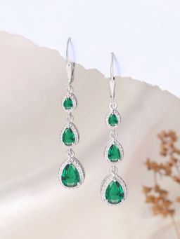 Ornate Jewels - 925 Silver Rhodium Plated Pear Green Emerald Pretty Dangle Earring for Women & Girls