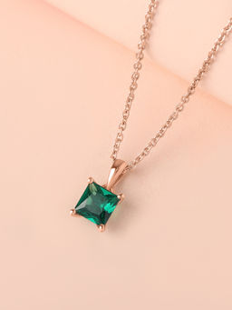 Ornate Jewels - 925 Silver 18K Rose Gold Plated Green Emerald Pendant With Chain for Women & Girls