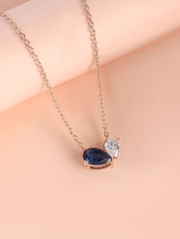 Ornate Jewels - 925 Silver 18K Rose Gold Plated Blue Sapphire Toi Et Moi Necklace for Women & Girls