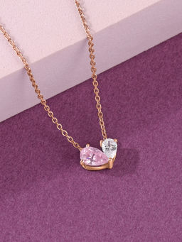 Ornate Jewels - 925 Silver 18K 2 Micron Rose Gold Plated Pink CZ Toi Et Moi Necklace for Women & Girls