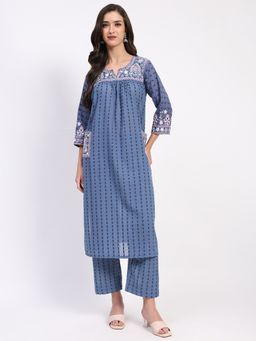 ME & I - Cotton Blue Round Neck Embroidered Kurta with Pant (Set of 2)