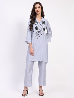 ME & I - Rayon Grey Collar Neck Embroidered Kurta with Pant (Set of 2)