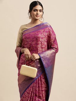 Vastranand - Maroon & Gold-Toned Woven Zari Silk Blend Kanjeevaram Saree with Unstitched Blouse