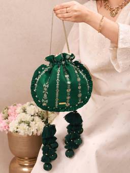 AMYRA - Women Green Embroidered Silk Potli