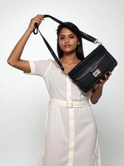 Twenty Dresses by Nykaa Fashion - Women Black Solid PU Sling Bag with Detachable Strap