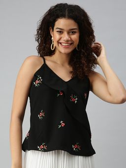 SHOWOFFFF - Women Shoulder Straps Sleeveless Floral Black Top