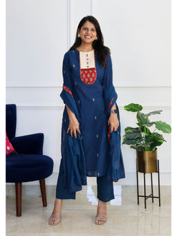 Pink Tree - Blue Ikkat Handloom Kurta and Pant with Dupatta