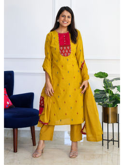 Pink Tree - Mustard Ikkat Handloom Kurta and Pant with Dupatta