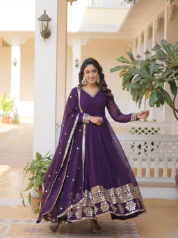 JATRIQQ - Purple Faux Blooming Gown with Dupatta with Embroidered work (Set of 2)