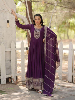 JATRIQQ - Purple Faux Blooming Gown with Dupatta with Embroidered work (Set of 2)