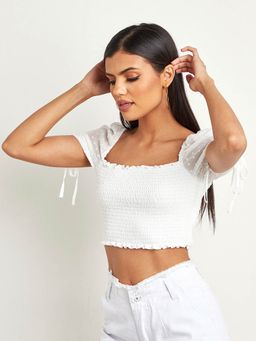 Styli - White Shirred Dobby Puff Sleeves Crop Top