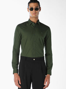 Jack & Jones - Green Solid Cotton Slim Fit Shirt
